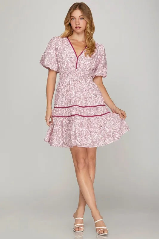 Full Size Printed V-Neck Puff Sleeve Tiered Dress Plus Size - Berry - product view 1