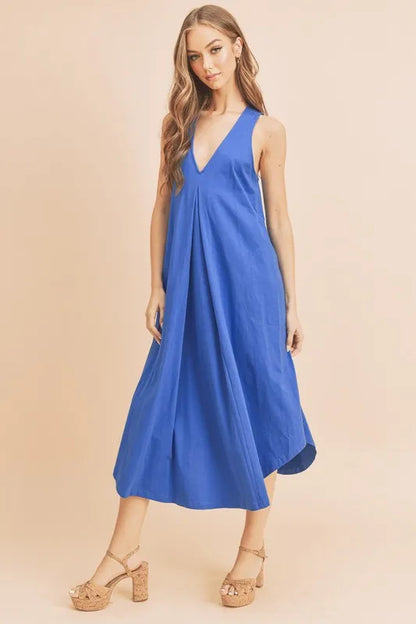 Front Pleat Detail V-Neck Sleeveless Midi Dress in Royal Blue - product view 5