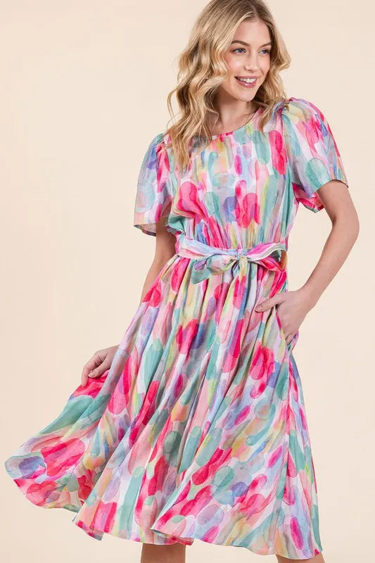 Watercolor Print Tie Front Midi Dress - Pink Combo - product view 3