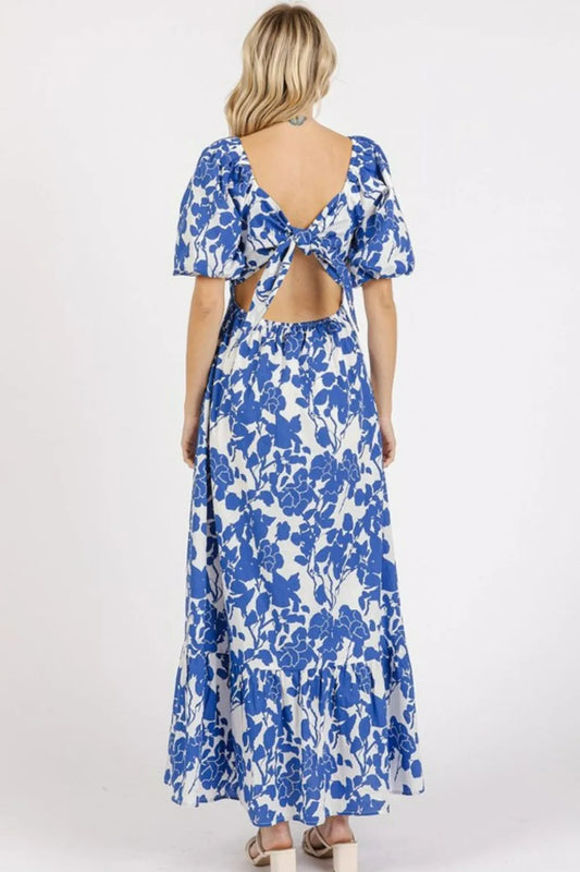 Cutout Back Floral Sweetheart Neck Puff Sleeve Dress in Royal - product view 2