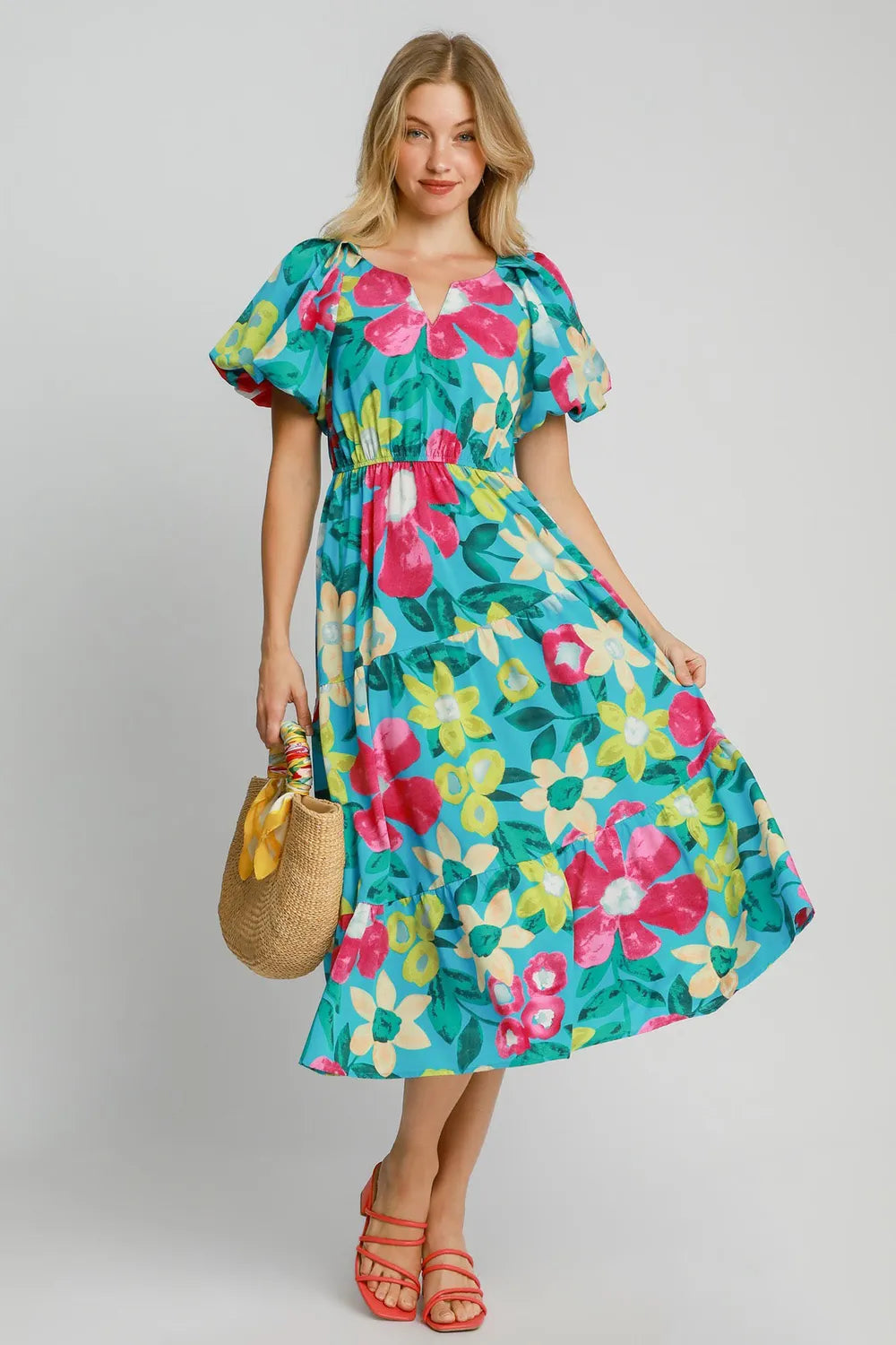 Full Size Tiered Floral Print Notched Puff Sleeve Midi Dress Plus Size - Azuremix - product view 1
