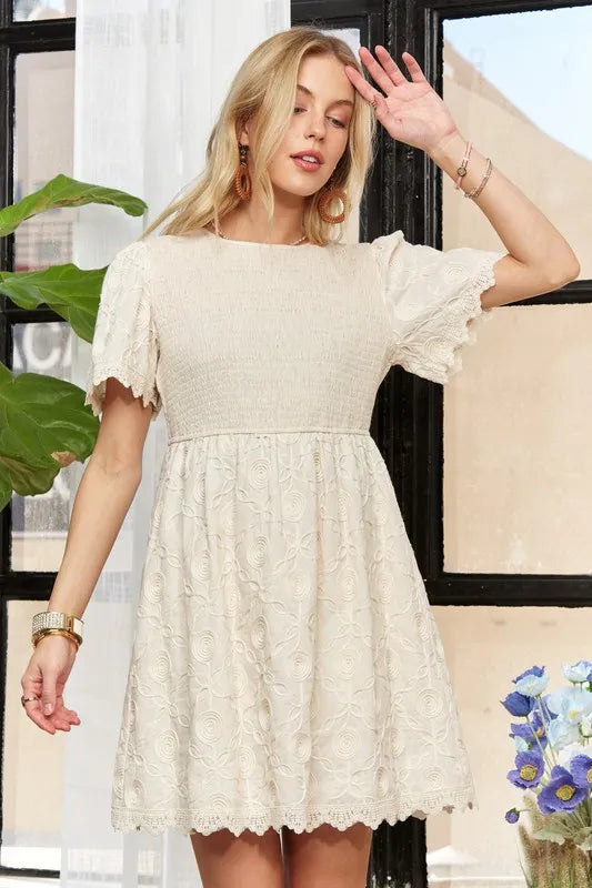 Rround Neck Crinkle Babydoll Dress in Beige - product view 11