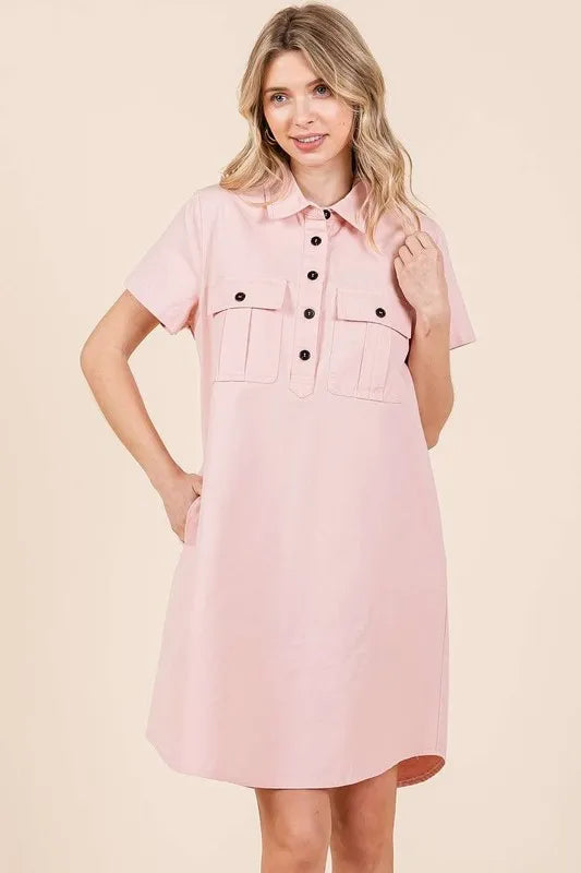 Button Detail Collared Neck Short Sleeve Shirt Dress - Baby Pink - product view 3