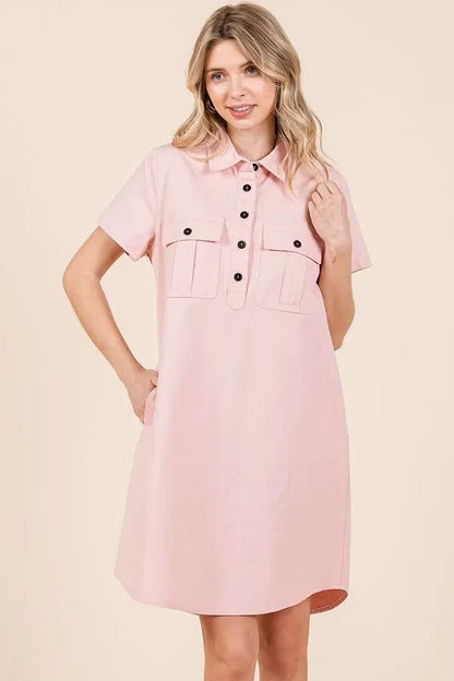 Button Detail Collared Neck Short Sleeve Shirt Dress - Baby Pink - product view 3