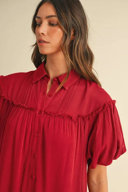 Mineral Washed Button Down Puff Sleeve Shirt Dress - Deep Red - product view 5