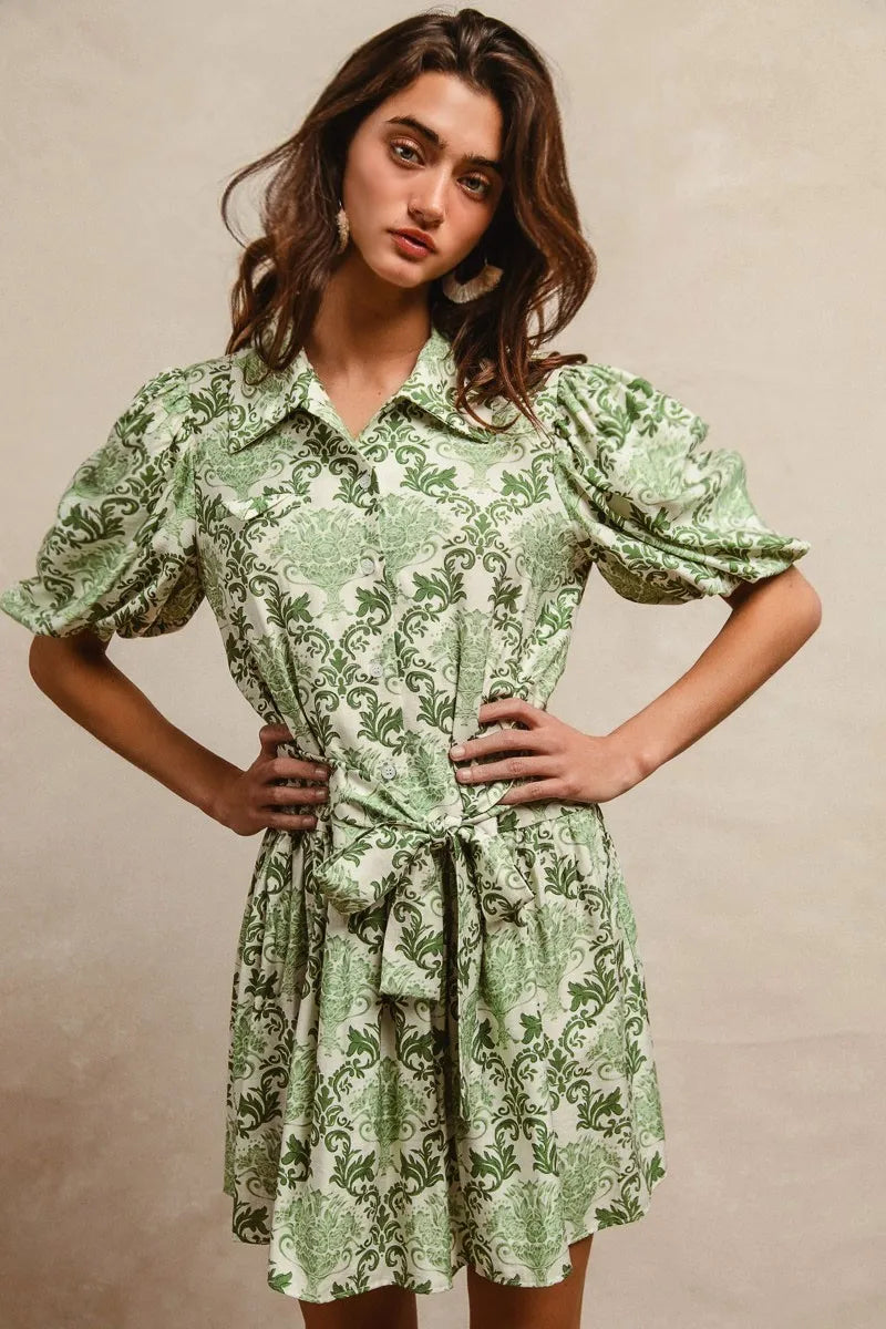 Tied Floral Short Sleeve Mini Shirt Dress in Green/Cream - product view 2