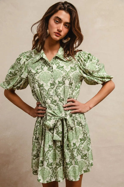 Tied Floral Short Sleeve Mini Shirt Dress in Green/Cream - product view 2