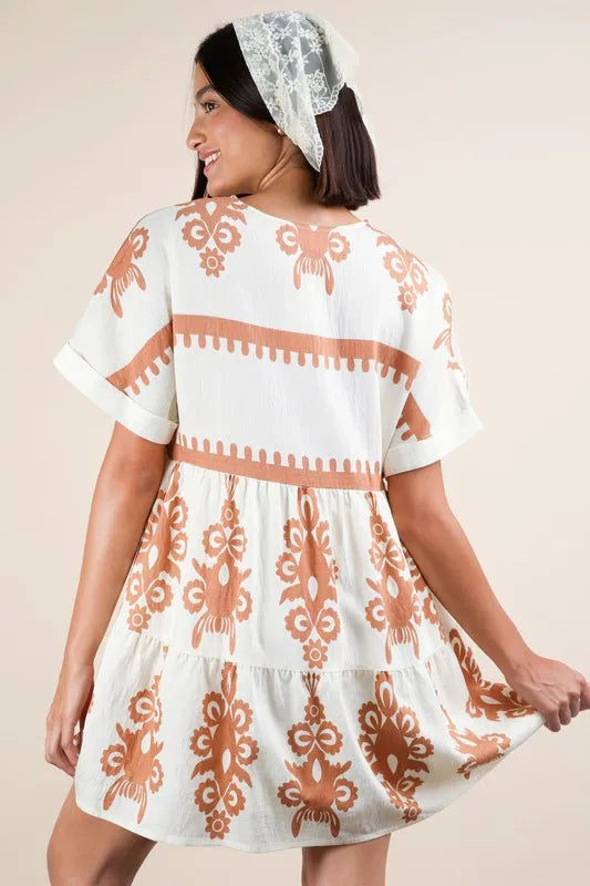 Printed V-Neck Woven Mini Dress in Ivory - product view 5
