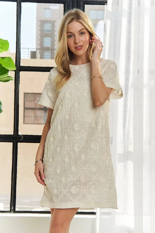 Applique Round Neck Short Sleeve Shift Dress in Beige - product view 2
