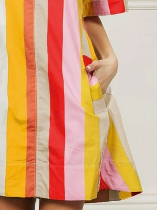 Multi Stripe Woven Flared Midi Dress in Must/Oatmeal/Scarlet - product view 2