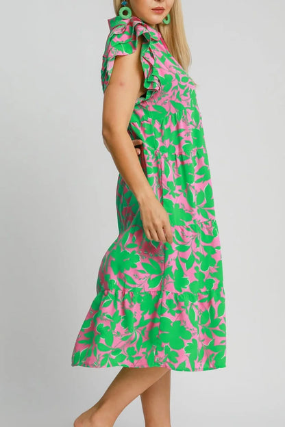 Full Size Floral Collared Ruffle Cap Sleeve Midi Dress Plus Size in Emerald Mix - product view 4