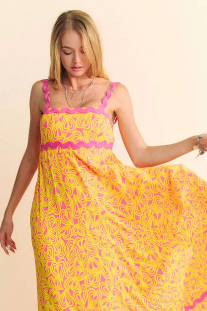 Geo 2 Tone Printed Wavi Trim Tiered Maxi Dress - Pink - product view 8