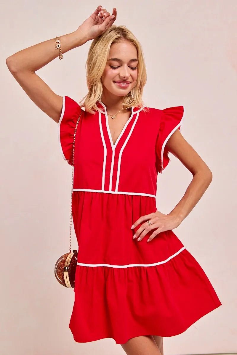 Gameday Theme Contrast Binding Ruffled Dress - Red - product view 4