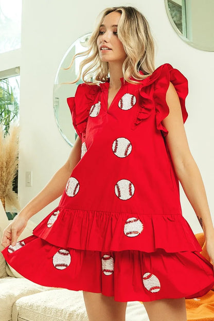 Sequins Baseball Patch Gameday Dress in Red - product view 5