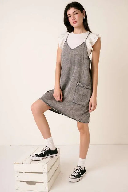 Washed Patch Pocket Mini Cami Denim Dress in Gray - product view 4