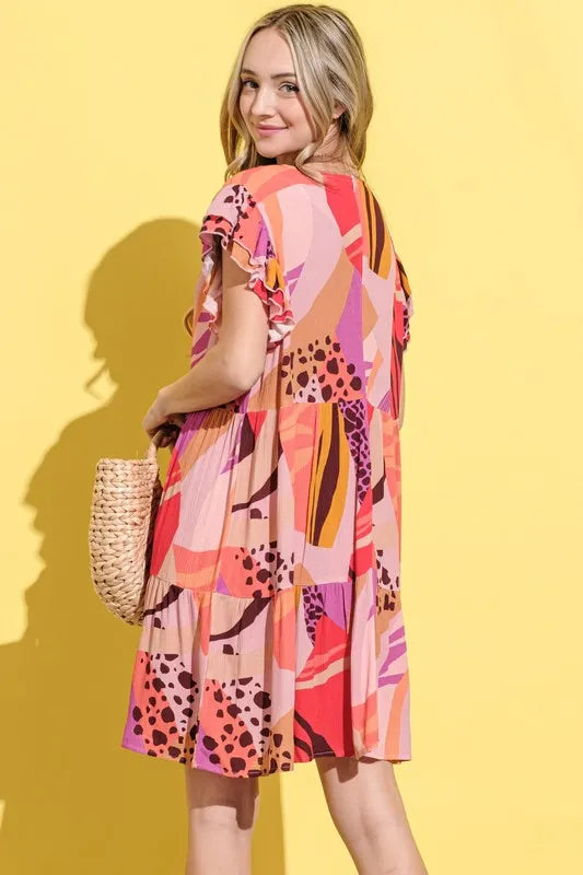 Printed Double Ruffles Sleeve Dress in Mauve - product view 6