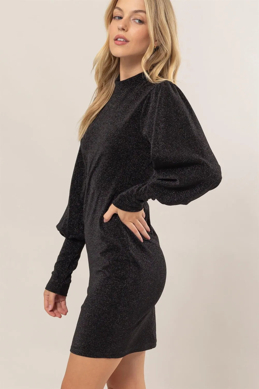 Glitter Mock Neck Long Sleeve Mini Dress - Black - product view 3