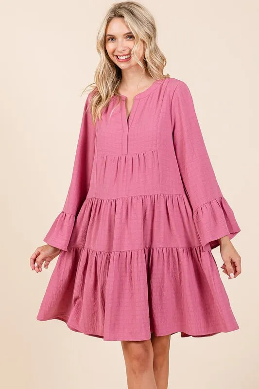 Tiered Notched Flare Sleeve Dress - Rose - product view 4
