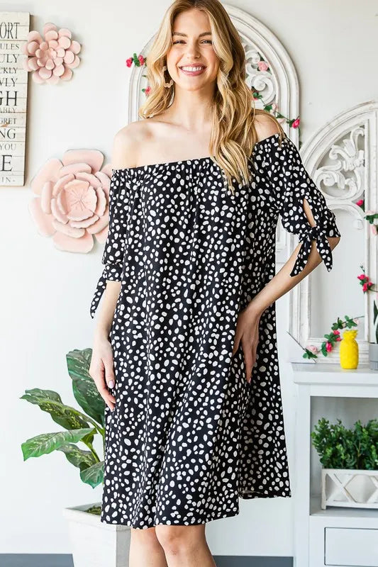 Full Size Short Sleeve Off Shoulder Animal Mini Dress Plus Size in Black/Ivory - product view 7