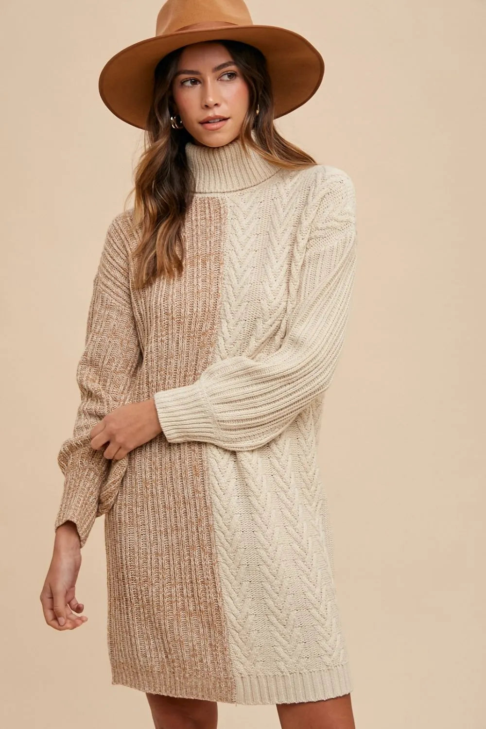Color Block Turtleneck Sweater Dress in Taupe - product view 1