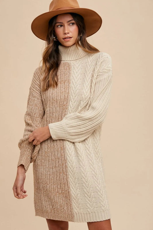 Color Block Turtleneck Sweater Dress in Taupe - product view 1