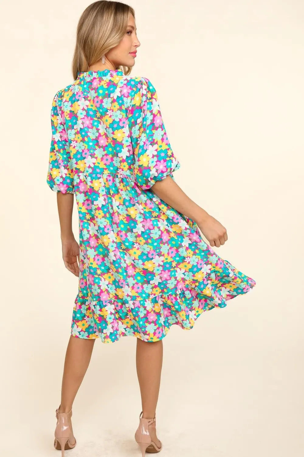 Bubble Sleeve Floral Ruffled Dress in Mint/Fuchsia - product view 2
