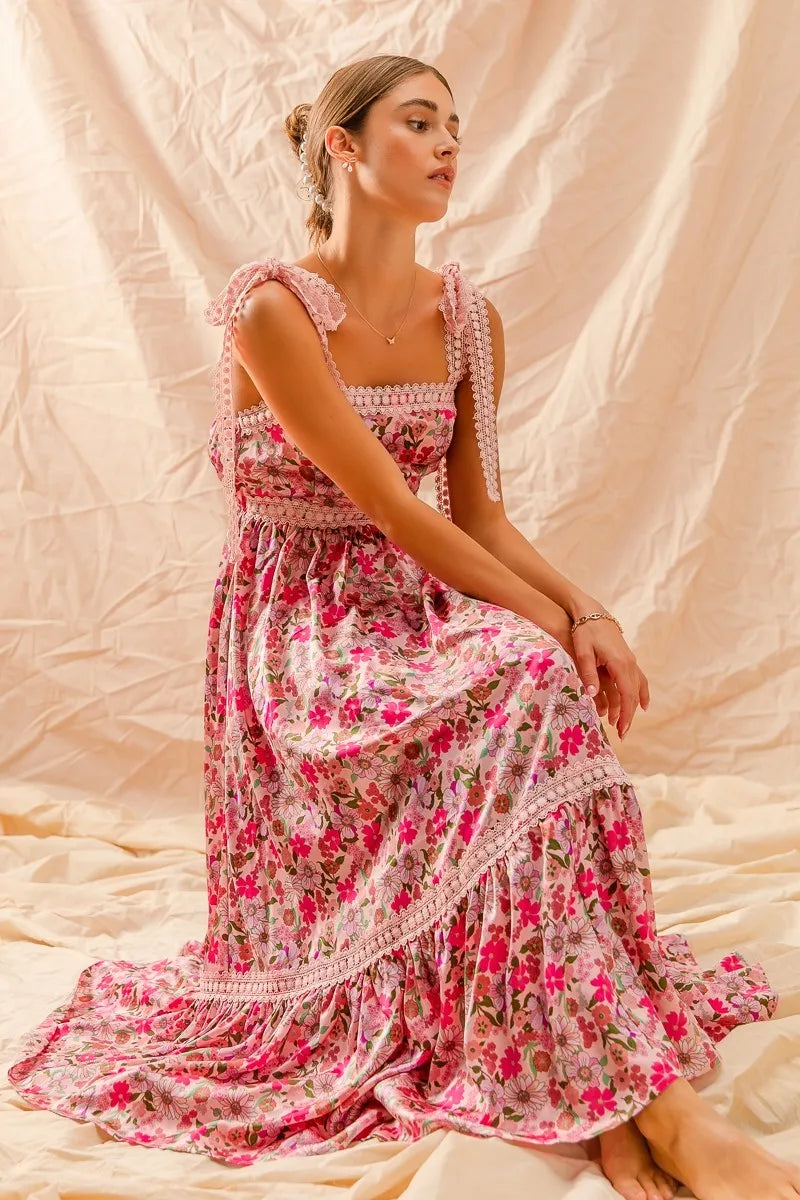 Floral Maxi Dress With Ribbon Tie Lace Strap in Pink Combo - product view 9