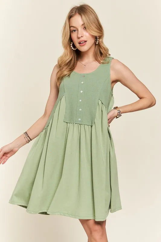 Decorative Button Sleeveless Babydoll Dress - Sage - product view 1