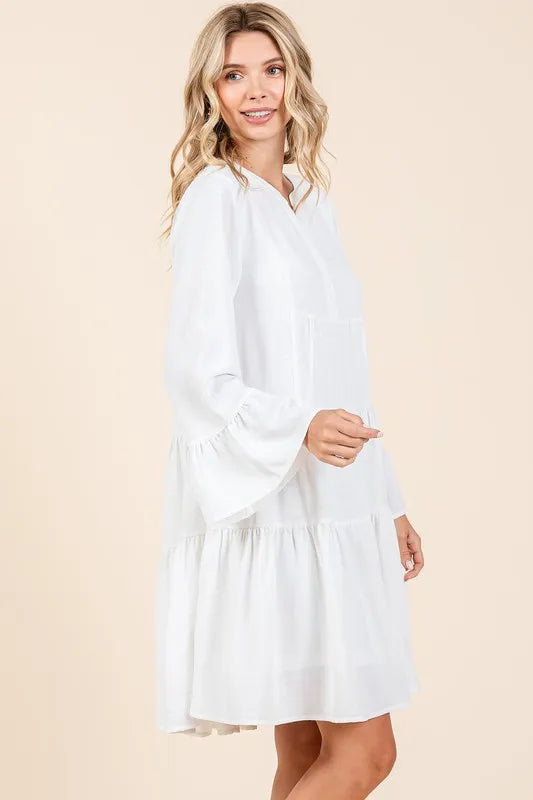 Tiered Notched Flare Sleeve Dress - Ivory - product view 3