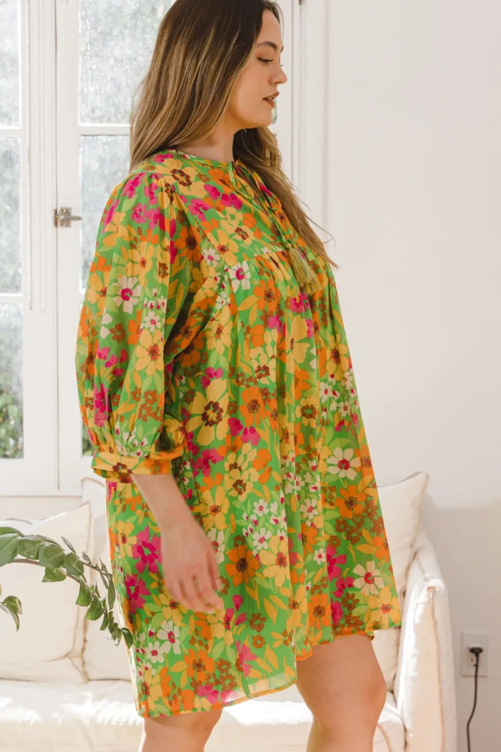 Full Size Floral Tied Neck Mini Dress - Green Multi - product view 3