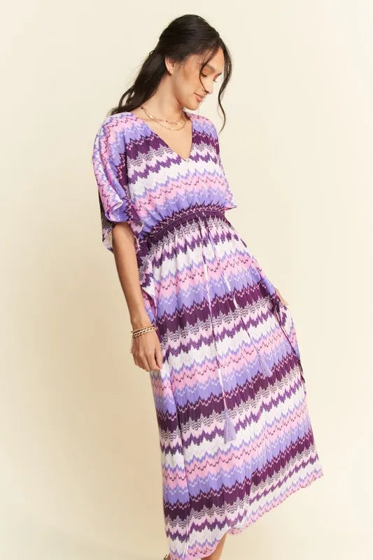 Multi Color Wavy Tie Waist Flowy Sleeve Dress - Lilac Multi - product view 8