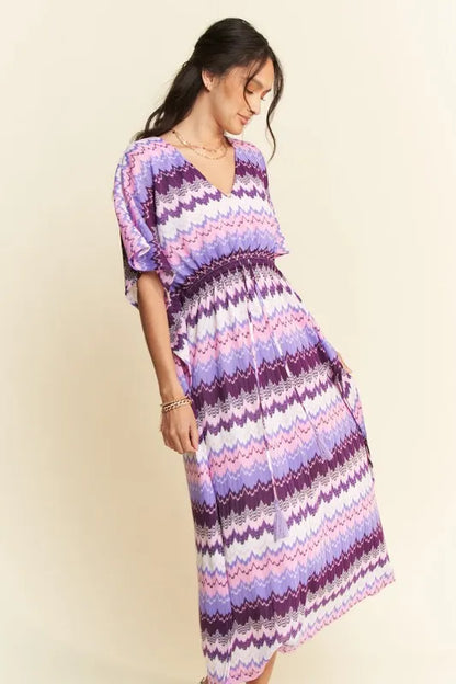 Multi Color Wavy Tie Waist Flowy Sleeve Dress - Lilac Multi - product view 8