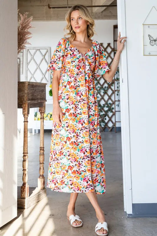 Floral Print Sweetheart Neck Tie Front Midi Dress in Orange Combo - product view 1