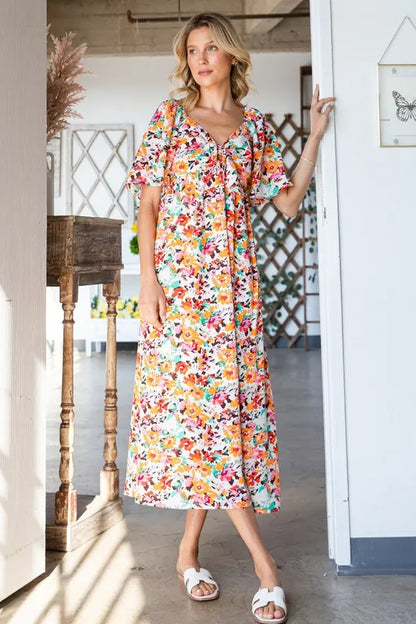 Floral Print Sweetheart Neck Tie Front Midi Dress in Orange Combo - product view 1