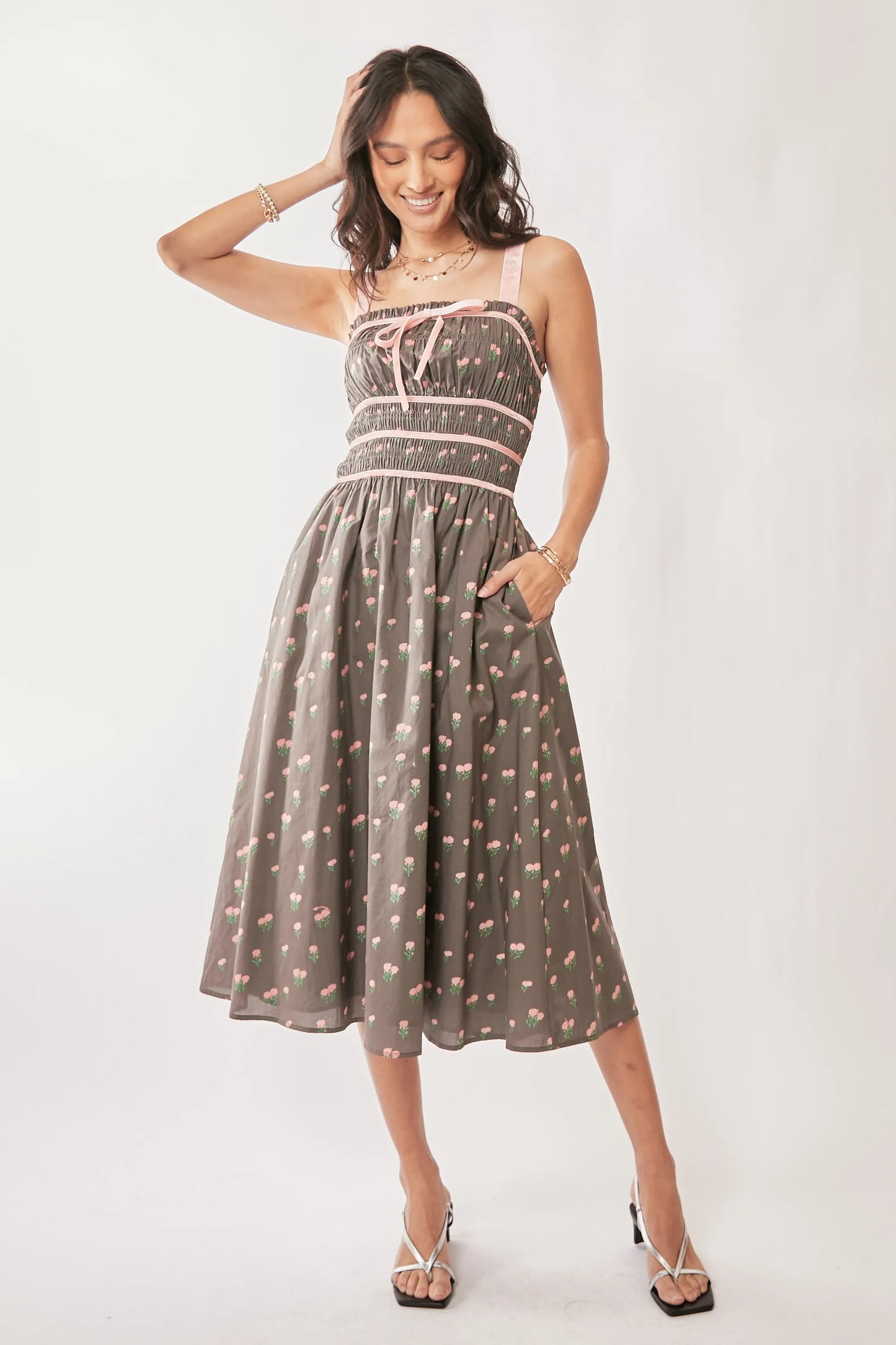 Contrast Velvet Tape Smocking Bodice Midi Dress in Mocha Brown - product view 1