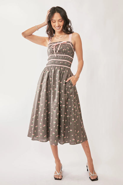Contrast Velvet Tape Smocking Bodice Midi Dress in Mocha Brown - product view 1