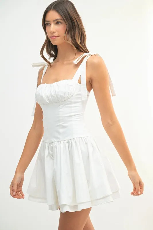 Shoulder Tie Corset Panel Mini Dress in Off White - product view 2