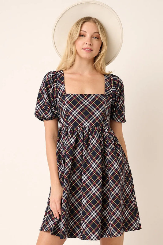 Checkered Print Puff Sleeve Babydoll Mini Dress in Navy - product view 2