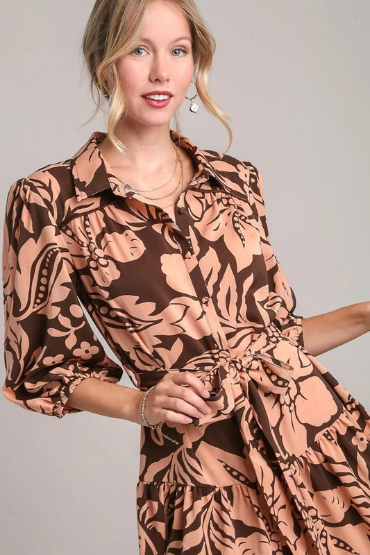 Full Size Two Tone Floral Print Puff Sleeve Tie Waist Dress Plus Size in Brown - product view 1