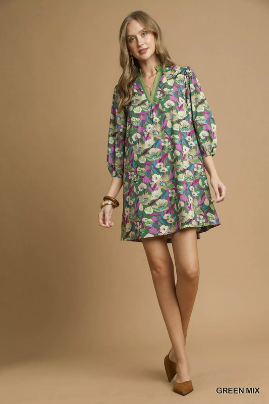 Boho Floral Balloon Sleeve Mini Dress in Green Mix - product view 2