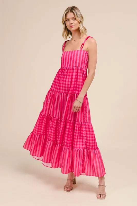 Stripe Tiered Maxi Dress with Colorful Chain Strap in Pink/Red - product view 9