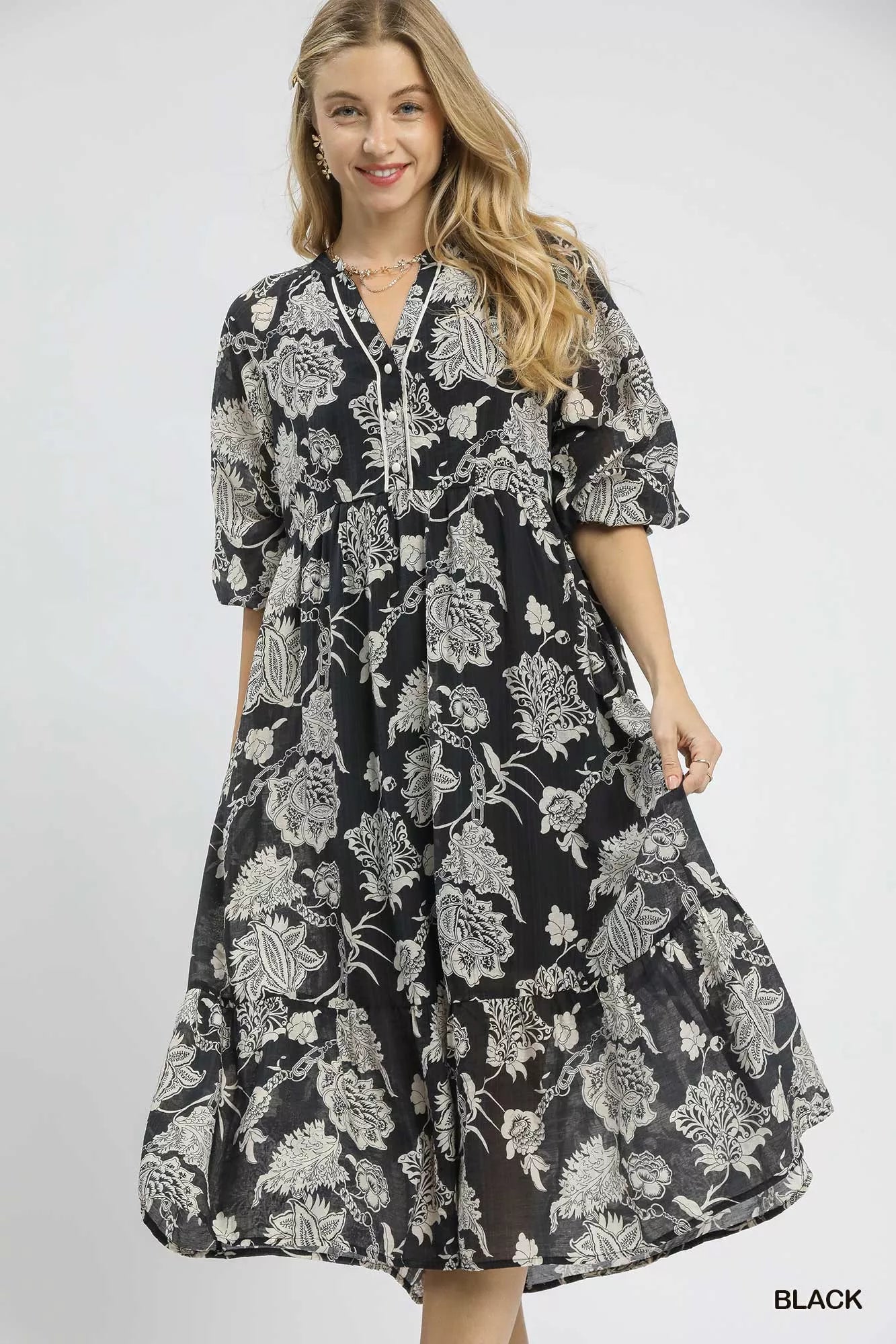 Floral Print Boho Midi Dress in Black - product view 2