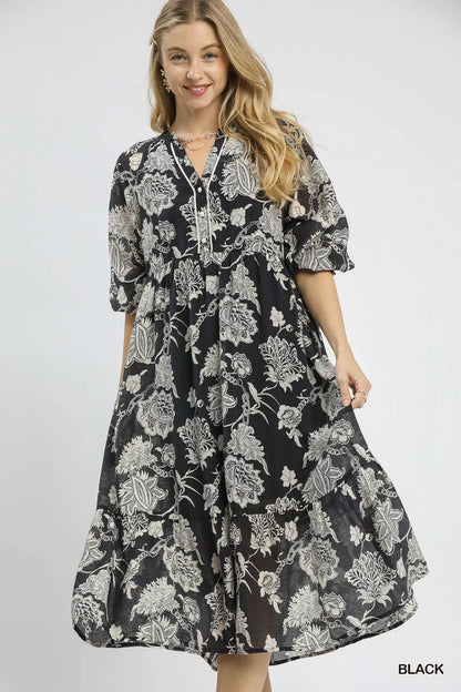Floral Print Boho Midi Dress in Black - product view 2