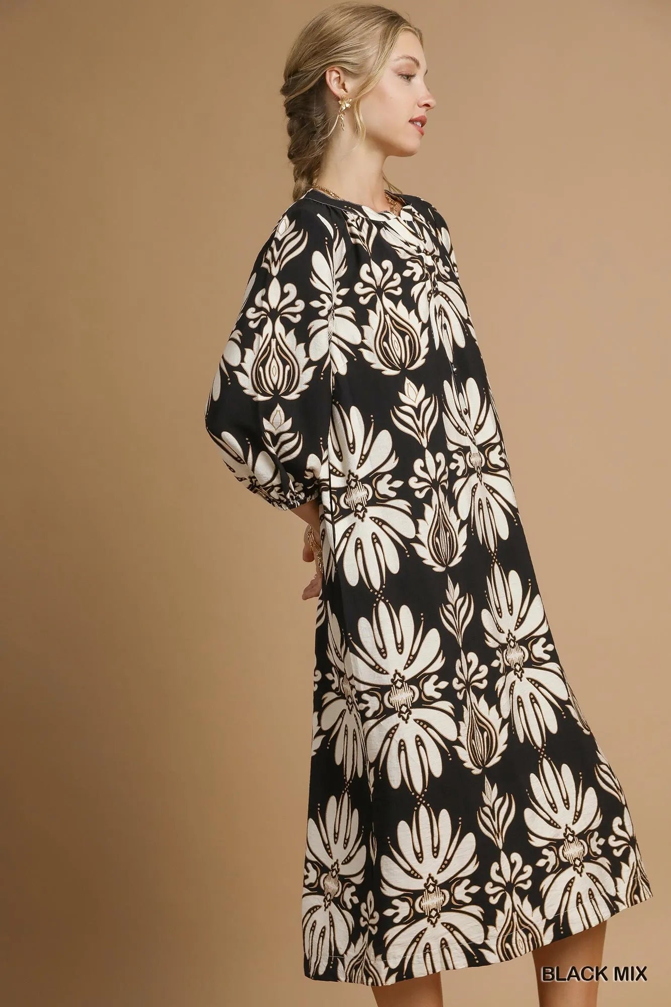 Mix Abstract Floral Print Midi Dress - Black Mix - product view 2