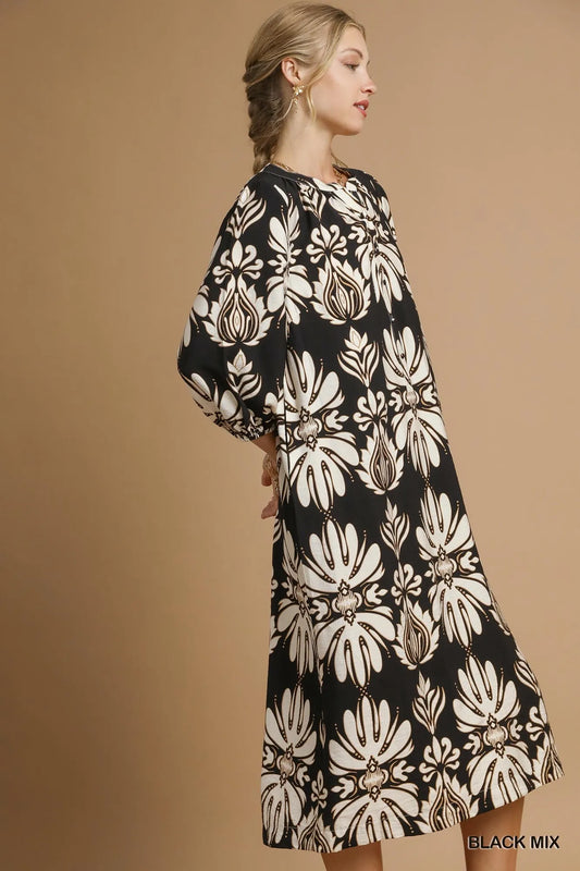 Mix Abstract Floral Print Midi Dress - Black Mix - product view 2