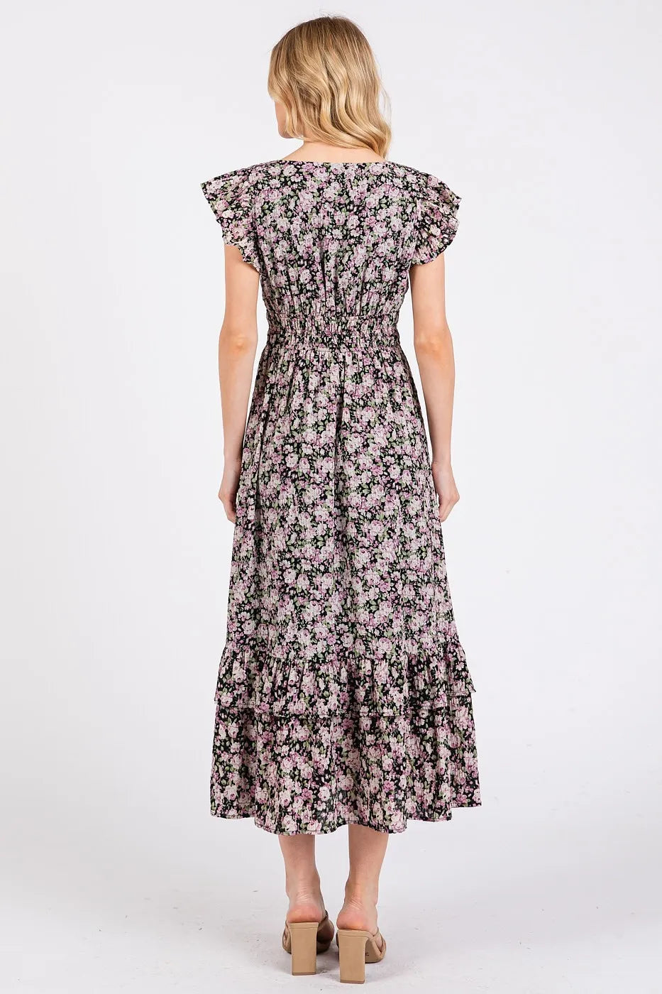 Flower Print Ruffle Cap Sleeve V-neck Midi Dress - Black - product view 4