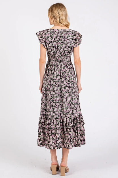 Flower Print Ruffle Cap Sleeve V-neck Midi Dress - Black - product view 4