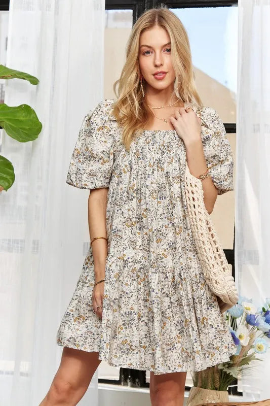 Floral Square Neck Puff Sleeve Dress - Light Blue - product view 1