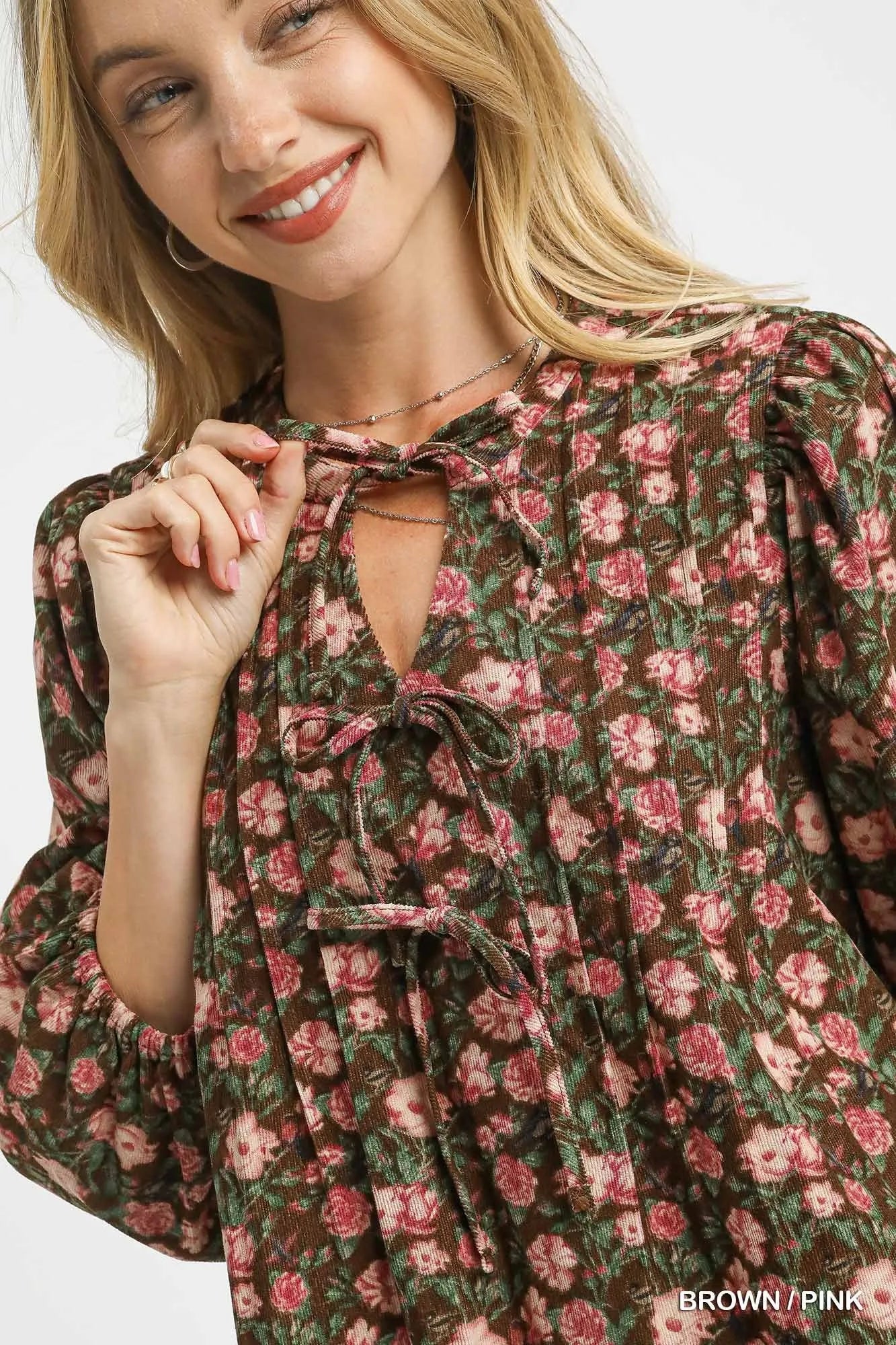 Floral Tie-Neck Babydoll Dress in Brown / Pink - product view 4