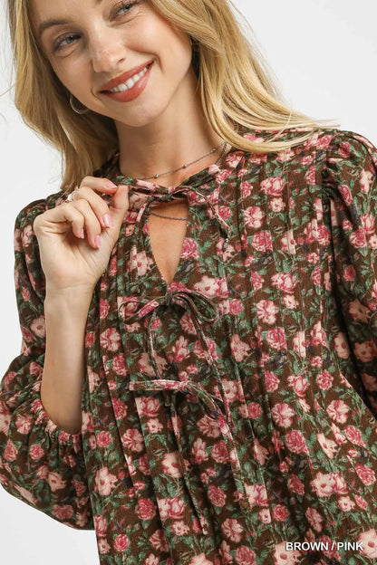 Floral Tie-Neck Babydoll Dress in Brown / Pink - product view 4